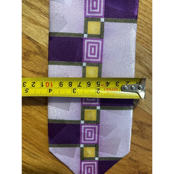 Fratello Handmade Purple & Yellow Geometric Pattern Tie 100% Polyester 58" Long - Picture 3 of 8